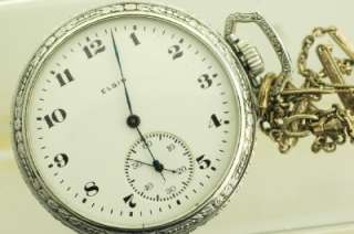   ELGIN 15 JEWEL SIDE WIND POCKET WATCH PORCELAIN DIAL WITH CHAIN  