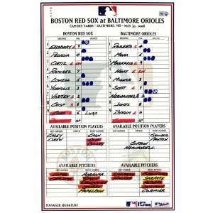  Red Sox at Orioles 5 30 2008 Game Used Lineup Card (MLB 