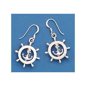   Silver French Wire Earrings w/Nautical Ships Wheel and Anchor, 1 inch