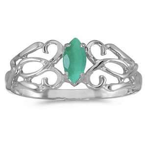  Marquise Emerald Filigree Ring Antique Style 14k White 