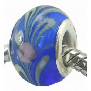 Glass European Lampwork Beads Fit Pandora Blue w/ Pink Flowers, 14mm 