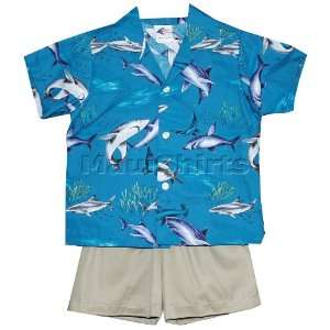 Cabana Set   Boys Sharks Hawaiian Aloha Infant Toddler Cotton Teal 