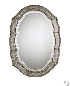 Scalloped Antique Gold Leaf Etched Beveled Wall Mirror  