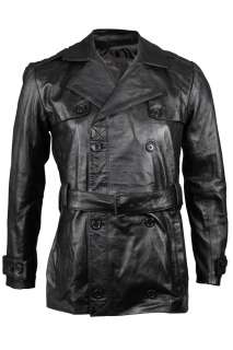 VIPARO New Mens Military Rain Mac Double Breasted Leather Jacket Pea 