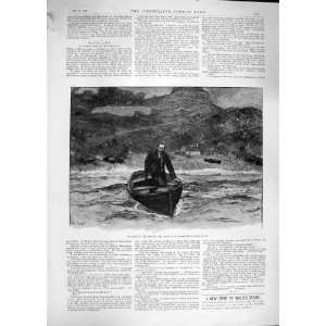 ANTIQUE PRINT 1892 MAN ROWING BOAT LAKE MOUNTAINS CLIFF  