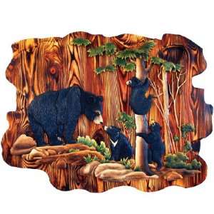  Black Bear and Cubs in Forest Wood Art