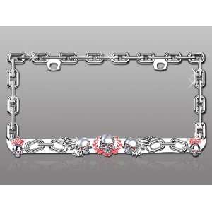   Chains License Plate Frame with Raging Skulls Design