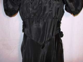   Edwardian Tiered Black Satin Long Dress Pink Velvet Bow Needs Repair 2