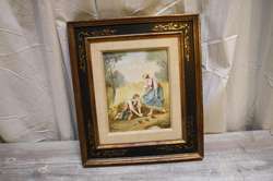 Antique French Tile Porcelain Painting Country Road Male Female Baby 