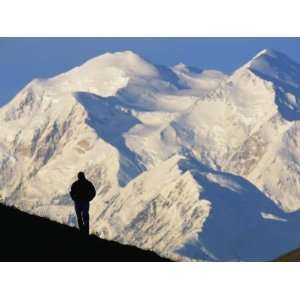  A Hiker Silhouetted against Snow Covered Mount Mckinley 