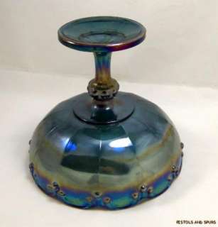 Vintage Blue Carnival Glass Compote Pedestal Fruit Bowl  
