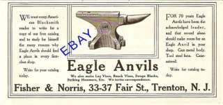 1912 FISHER NORRIS EAGLE BLACKSMITH ANVIL AD TRENTON NJ  