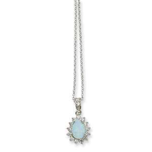  Sterling Silver CZ Synthetic Opal Pear Shaped Necklace 
