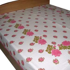  India Bed Sheet Cotton White and Pink Queen Size