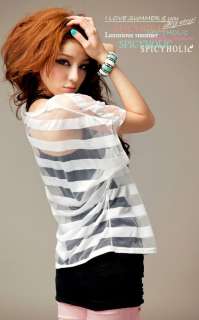 Women Twinset 2 Pcs Transparent Stripe Top T shirt 6282  