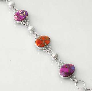 RED PURPLE SILVER TURQUOISE OVAL PEARL 925 STERLING SILVER LINK 