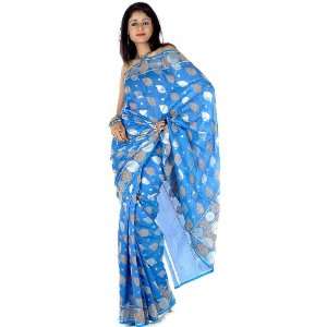  Azure Sari from Banaras with Leaves Woven in Khadi   Pure 