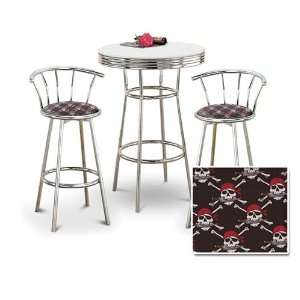   Table & 2 Chrome 29 Pirate Skull and Crossbones Fabric Seat Barstools