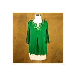  NOVICA Beaded silk tunic, Emerald Majesty