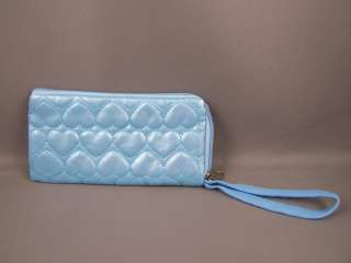 Blue heart quilted coin change purse zipper wallet wristlet 5.25 long 