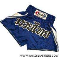 Fairtex Blue Satin w/ Silver V Trim Muay Thai Shorts  