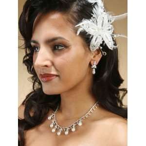  Embroidered Bridal Flower Clip with Feathers & Crystals 