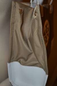 TORY BURCH NWT Mini Ella Tote Tan White Nylon Saffiano Leather Beige 