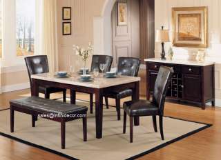 White / Espresso Marble Top Dining Room Table and Chair Set Bench 