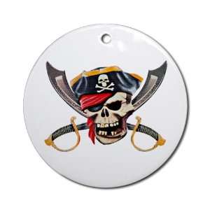   Round) Pirate Skull with Bandana Eyepatch Gold Tooth 