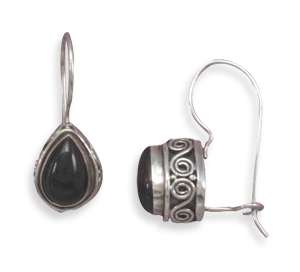 925 Sterling Silver Pear Shape Black Onyx Bali Earrings  