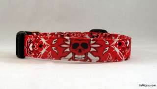 Red Bandanna with Skulls & Cross Bones Dog Collar Leash  
