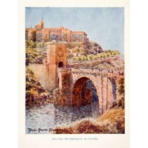 1925 Color Print Puente Bridge Alcantara Toledo Spain Archway Roman 