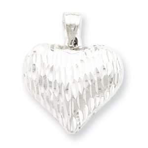  Sterling Silver Rhodium plated Diamond cut Puffed Heart 