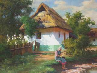 Tibor Szontagh Hungarian Peasant Landscape Oil Painting  