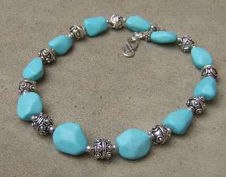 OCEAN BLUE TURQUOISE NECKLACE SILVER BALI BEADS CHUNKY JEWELRY MADE IN 
