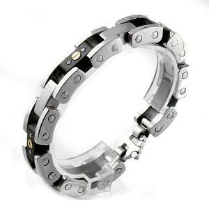    Stainless Steel and Black Rubber Link Biker Bracelet Jewelry
