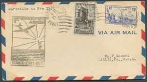 1st Flight MARSEILLE TO NEW YORK Cover 1939 VF  