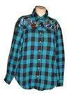Misses S New Teal Black Plaid Embroidery Flannel Shirt Top NWT