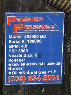100008 PREMIER PRESSURE 483000BD HOT PRESSURE WASHER 10 HP  