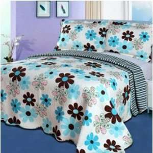 Blue Black Daisy Luxury Style 3 Piece Patchwork Premium Quilt Bedding 