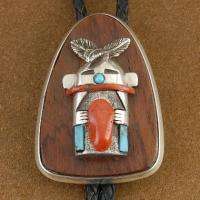 Vintage Old Pawn Sterling Turquoise Coral Kachina Bolo  
