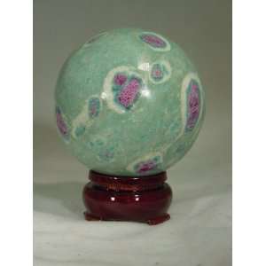 Ruby in Fuschite 2.6 Sphere with Cherry Wood Stand Lapidary Carving 