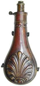 19thC, ENGLISH COPPER AND BRASS POWDER FLASK for a GUN. by HAWKSLEY 