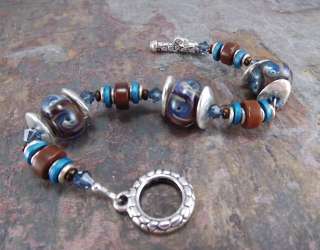 Sierra, boro lampwork and vintage beaded bracelet, blue, brown, silver 