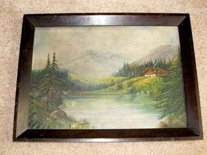   Rustic Log Cabin in Mountains Signed Oil Painting Germany/Switzerland
