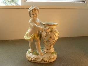  Isco Porcelain Hand Painted 9.5 Boy with Vase Flowers & Gilt  