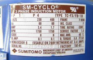 SUMITOMO SM CYCLO ELECTRIC GEAR MOTOR 1 HP 3PH 230/460  