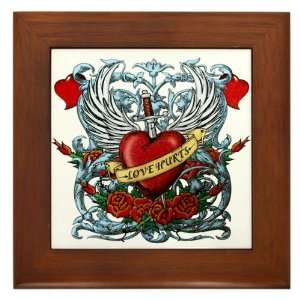  Framed Tile Love Hurts with Sword Heart Thorns and Roses 
