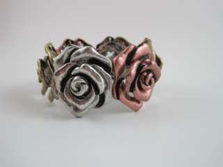 Womens Bracelet Tri Color Rose Metallic Stretch Cuff Silver Gold 