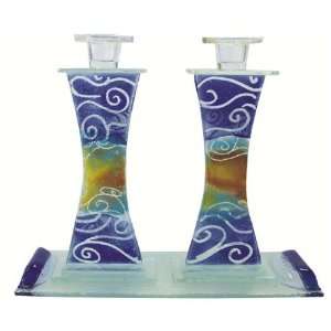  Doris Glass Candlestick Holders with Tray   Blue Oriental 